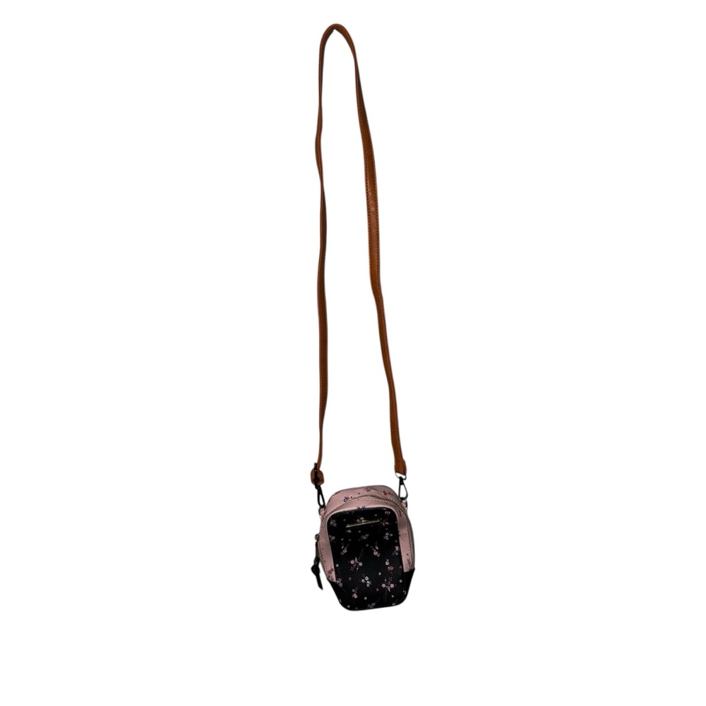 Small Floral Crossbody Bag in Pink and Black with Brown Strap